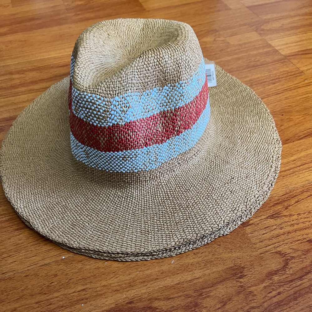 Blue and coral striped wide brim sun hat.